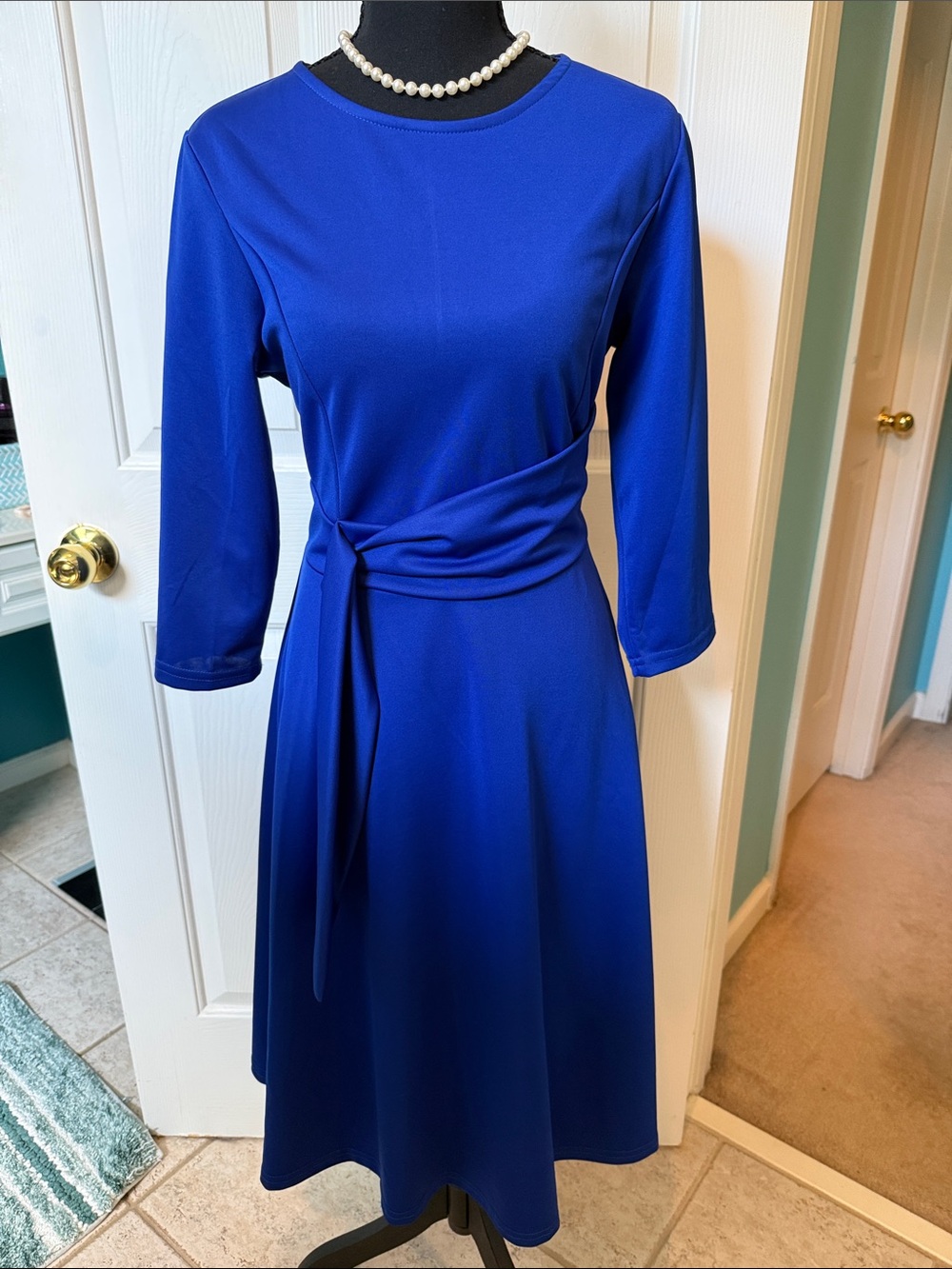 Classic Royal Blue Ruched 3/4  Sleeve Drop Sash Dress